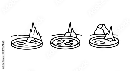 Minimalist icons depicting geological formations: Rocks and mountains in circular or petri dish shapes, symbolizing science and earth studies.