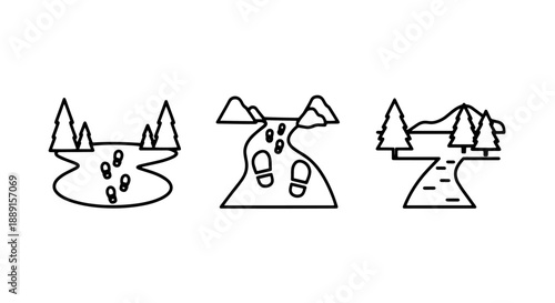 Icons representing outdoor exploration: Footprints on a pond, river, and path through trees, suggesting hiking and nature adventures.