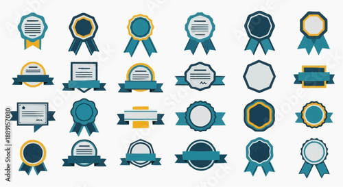 Collection of blue and gold badges and certificates displayed in a grid arrangement on a digital illustration