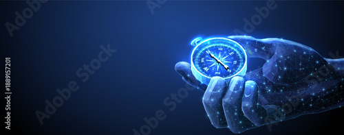 Compass in digital hand. business strategic explorer, Vision crisis, Mission path, Agency creative, Digital strategy, Market decision, Achievement strategy, Financial stock, Company vision concepts

