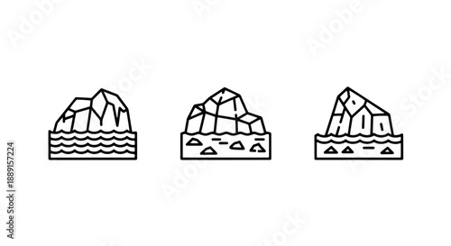 Icons representing icebergs and floating ice formations on water, conveying cold, frozen environments.