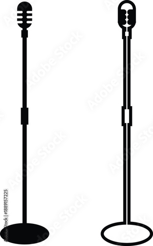 Microphone Audio Equipment Black Flat Line Style Vector Icon Set, Sound Recording Symbol Collection and Music Podcast Outline Graphic Group Featuring Mic, Headset and Earphone