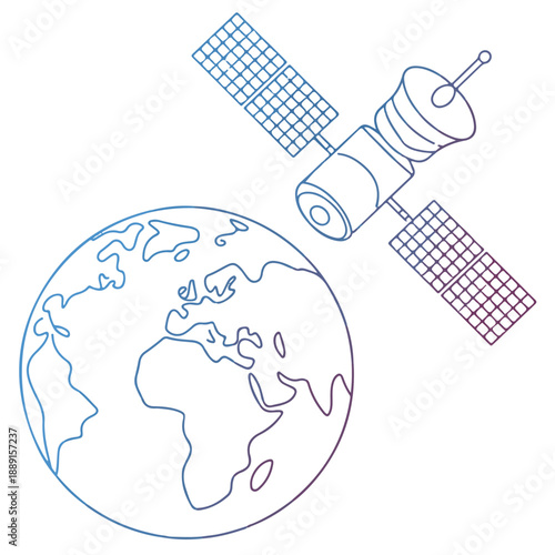 Outline illustration of satellite orbiting planet earth with gradient colors representing futuristic technology and global connectivity in a modern digital art style