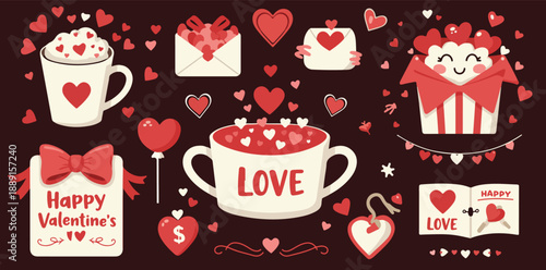 Valentine s day themed illustrations with hearts and love symbols on dark background