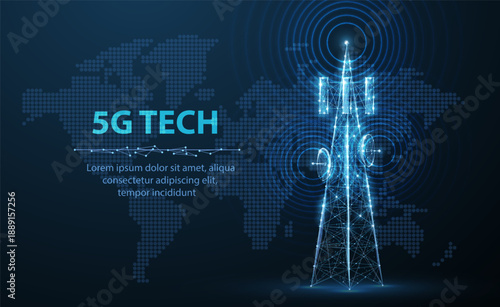 Abstract antenna mast with world map. 5G technology, telecommunication industry, telecom network, broadcast television, cell phone, 5G telecommunication, city communication, LTE transmitter concept.

