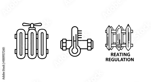 Icons for home heating systems: radiator, thermometer, and heating regulation valve.