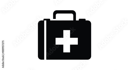 A simple black and white icon depicting a first aid kit with a handle