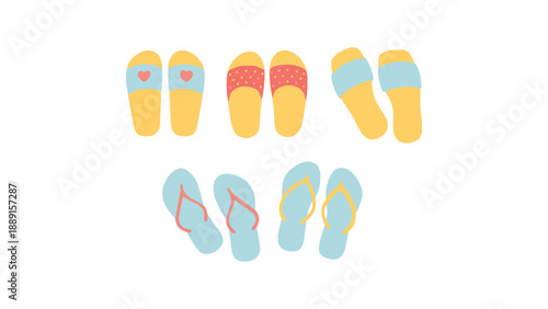 A colorful illustration of various flip flops and sandals on a white background
