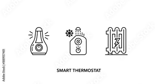 Smart home heating icons: a stylized smart thermostat, a thermostat with snowflake and shower, and a radiator symbol.