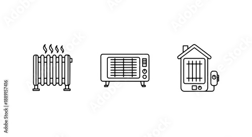 Three line art icons representing heating devices: a classic radiator, an electric heater, and a wall-mounted heater.