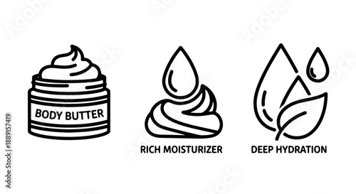 Skincare icons: jar of body butter, swirl of rich moisturizer, and water drops with leaves for deep hydration.