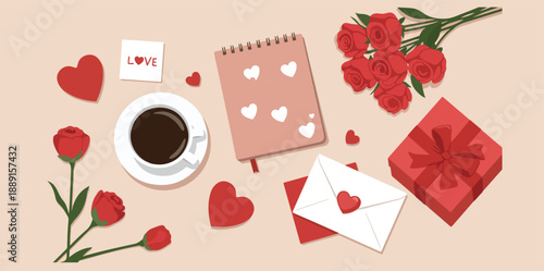 Valentine s day scene with coffee roses hearts and love letters on pink