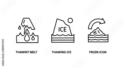 Global Warming Concept Icons: Thawing Iceberg, Melting Mountains, and Frozen Planet