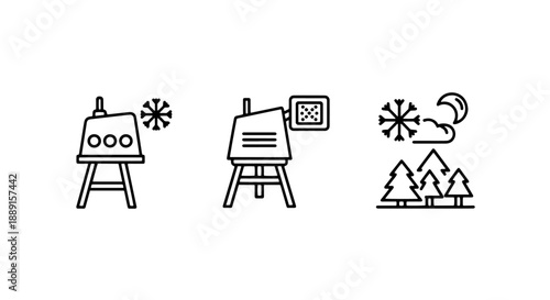 Winter Art and Nature Icons: Easel with Snowflake, Fireplace, and Snowy Forest Scene