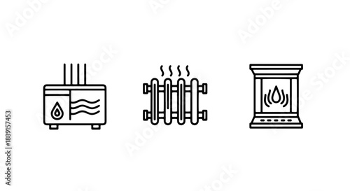 Home Heating Icons: Stove, Radiator, and Gas Heater