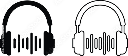 Microphone Audio Equipment Black Flat Line Style Vector Icon Set, Sound Recording Symbol Collection and Music Podcast Outline Graphic Group Featuring Mic, Headset and Earphone