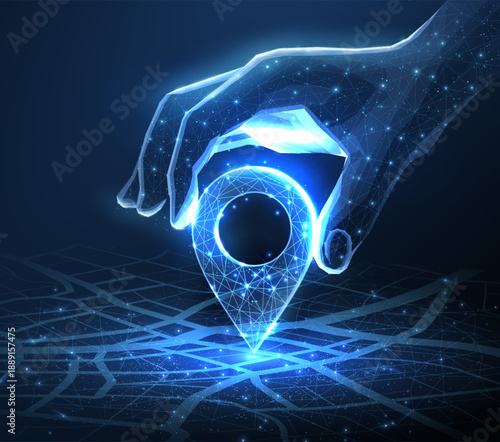 Digital hand set location on map with pin. AI technology in GPs, innovation delivery, map location, future transport logistic, route path concept. GPs point. New office location, change address

