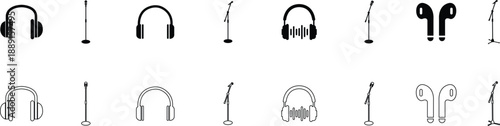 Microphone Audio Equipment Black Flat Line Style Vector Icon Set, Sound Recording Symbol Collection and Music Podcast Outline Graphic Group Featuring Mic, Headset and Earphone