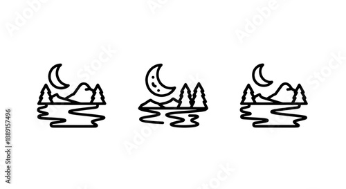 Night Landscape Icons: Moonlit Scene with Mountains, Trees, and Wavy Water
