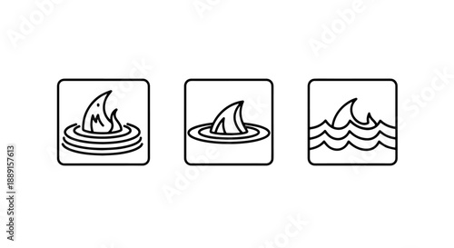 Shark fin icons in water, representing danger, swimming, or ocean life, simple outline graphics
