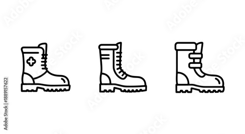 Collection of winter boot icons: a rain boot, a hiking boot, and a snow boot, for outdoor activities