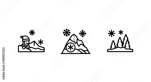 Winter scene icons featuring a snowman, snowy mountain peak, and snow-covered trees