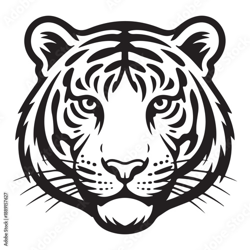 Detailed majestic black and white vector portrait of tiger head displaying striped fur characteristic features and intense gaze suitable for logo or decal design