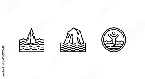 Iceberg icons floating in wavy water, symbolizing cold, danger, or exploration, minimalist vector art