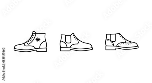 Set of casual and formal boot icons: ankle boots, chukka boots, and brogue boots, for men's footwear