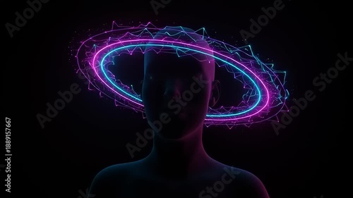 Man with Neon Light Ring Around Head.