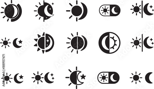 
  Sun and moon line icon set for light and dark mode symbols, minimal design isolated on transparent background.