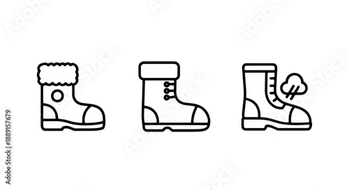 Winter boot icons: fur-lined snow boot, lace-up boot, and a boot with steam indicating warmth or waterproof
