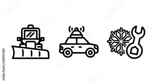 Winter Service Icons: Snowplow, Patrol Car, and Wrench with Snowflake