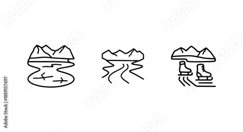 Winter Landscape Icons: Frozen River, Mountains, and Ice Skating Rink