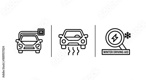Electric car icons showcasing charging, driving, and winter assistance, ideal for automotive, technology, and eco-friendly transportation themes.