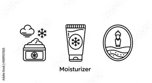 Winter skincare icons: moisturizer cream, cooling snowflakes, and a glowing figure, perfect for beauty, spa, and seasonal self-care concepts.