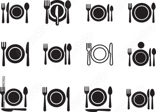   Fork knife spoon and plate icon set for table setting, restaurant, catering and dining symbols.