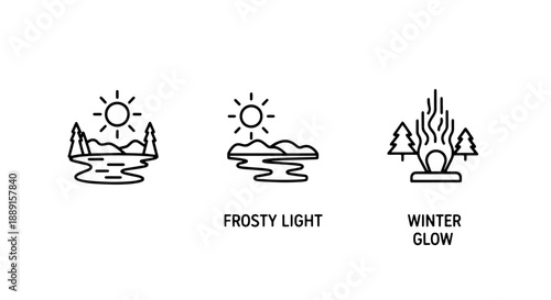 Winter wonderland icons depicting frosty light over water and a winter glow with trees, capturing the magic of cold season landscapes.
