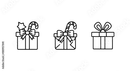 Festive gift box icons for Christmas and holiday gifting, featuring bows and a candy cane accent, perfect for seasonal celebrations and promotions.