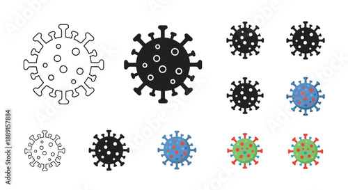 Illustrations of coronavirus particles in various styles and color schemes