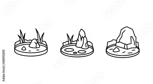 Collection of minimalist icons depicting zen garden elements: stones, sand, water, and plants in circular bases, suggesting tranquility and meditation.