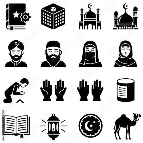 Muslim icons collection: Islamic figures in prayer, men and women in traditional attire, Kaaba, mosque, camel, and holy book. Vector graphics.