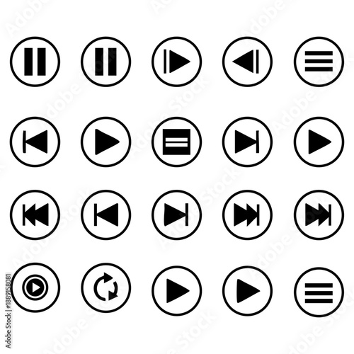 Music player control icons: play, pause, stop, skip forward, skip backward, rewind, and menu icons in circular buttons. Vector set.
