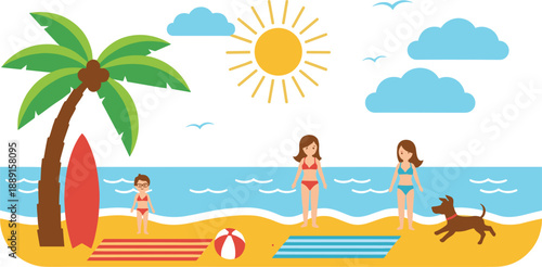 Flat vector illustration of people relaxing on a tropical beach with palm trees surfboard beach ball and a dog under a bright sun.