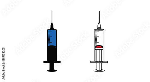 Two medical syringes are displayed one with blue fluid and one with red