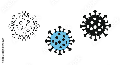 Three depictions of a coronavirus particle varying in color and detail