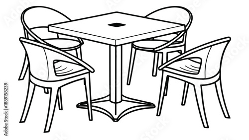 A simple line drawing of a table and chairs in a minimalist setting
