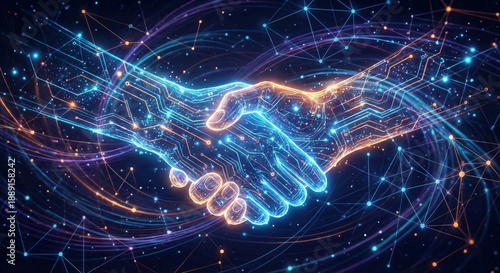 Digital Handshake Partnership Technology Connection Network Innovation Futuristic Abstract Art Glowing Lines Circuit Board Blue Orange isolated on transparent background