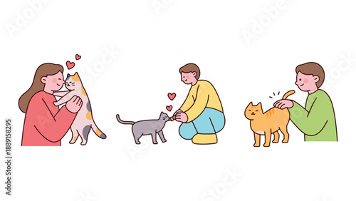 A cartoon illustration of people showing love and affection to their cats