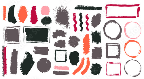 Ink graffiti brushstroke mega group. Freehand border box modern elements. Drip splash textured label stamp batch. Brushstroke gouache stains design.